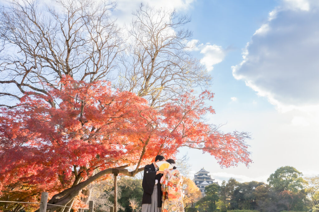 撮りフォトウェディング岡山での10月に撮影された紅葉時期の実際の写真お日にち選びの参考に123