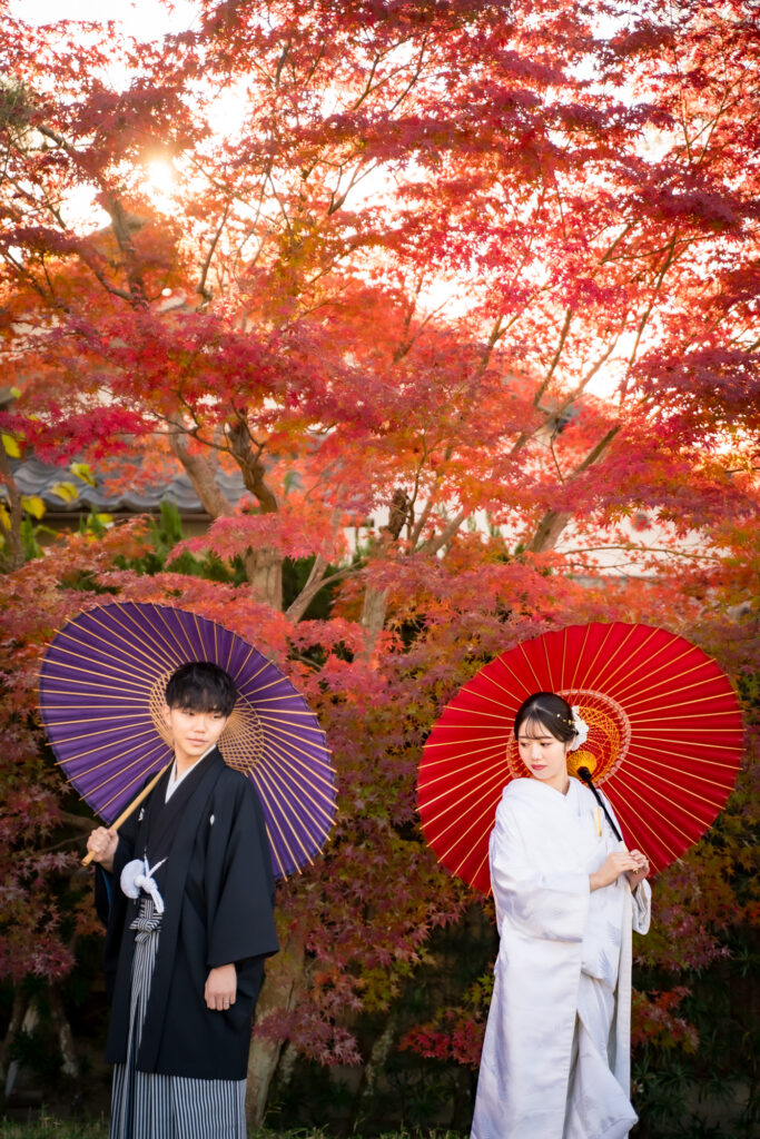 吉備津神社での前撮りフォトウェディング和装をお得にネムラフィルムズ紅葉