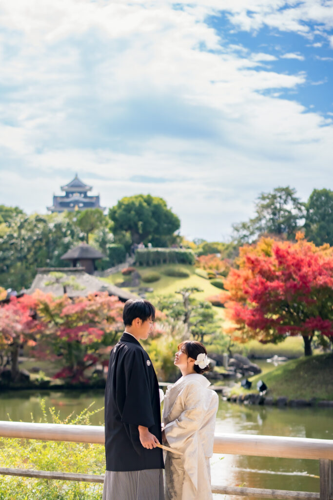岡山後楽園での前撮りフォトウェディング和装をお得にネムラフィルムズ2345