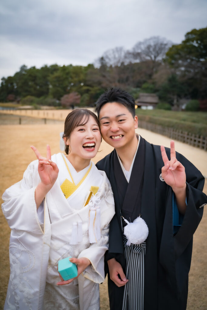 後楽園での前撮りフォトウェディング和装をお得にネムラフィルムズ岡山で一番最後まで紅葉が残っているかも69